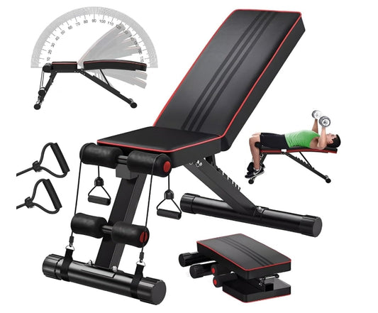 Raganet, Banco Fitness Multiposicion, Banco de Abdominales con 2 Ligas Incluidas, Asiento de Pesas Ajustable en 7 Posiciones, Soporta Hasta 250Kg, Negro
